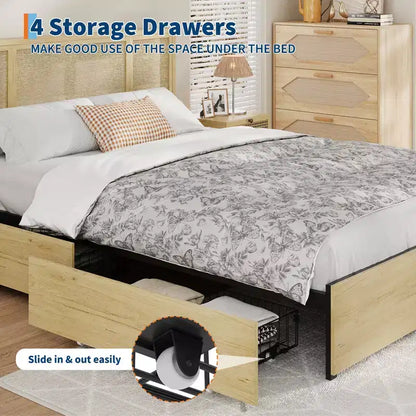 Base de cama de plataforma con cabecero de ratán natural | Matrimonial/Queen | con o sin 4 cajones | Para 1-2 adultos