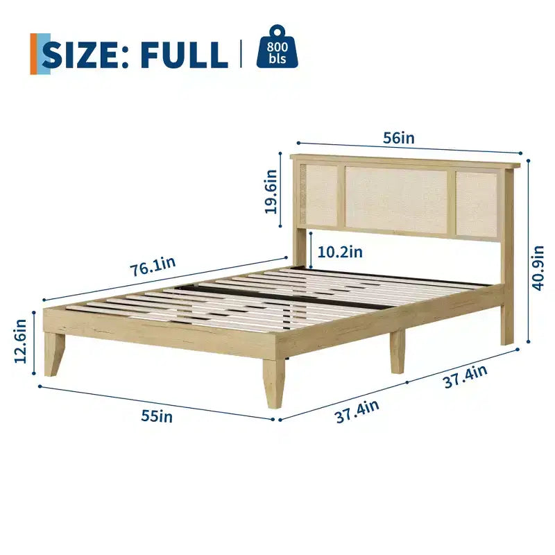 Base de cama de plataforma con cabecero de ratán natural | Matrimonial/Queen | con o sin 4 cajones | Para 1-2 adultos