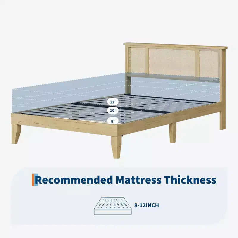 Base de cama de plataforma con cabecero de ratán natural | Matrimonial/Queen | con o sin 4 cajones | Para 1-2 adultos