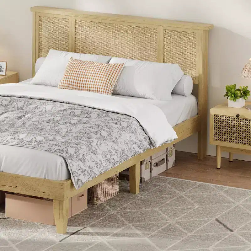 Base de cama de plataforma con cabecero de ratán natural | Matrimonial/Queen | con o sin 4 cajones | Para 1-2 adultos