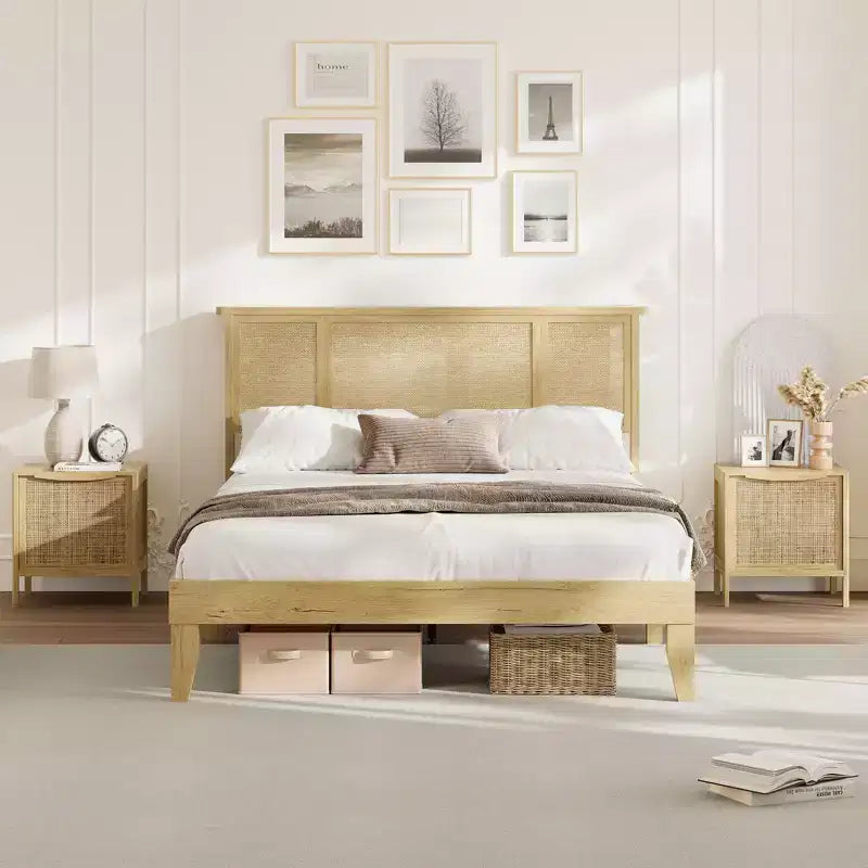 Base de cama de plataforma con cabecero de ratán natural | Matrimonial/Queen | con o sin 4 cajones | Para 1-2 adultos