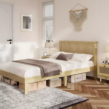 Base de cama de plataforma con cabecero de ratán natural | Matrimonial/Queen | con o sin 4 cajones | Para 1-2 adultos