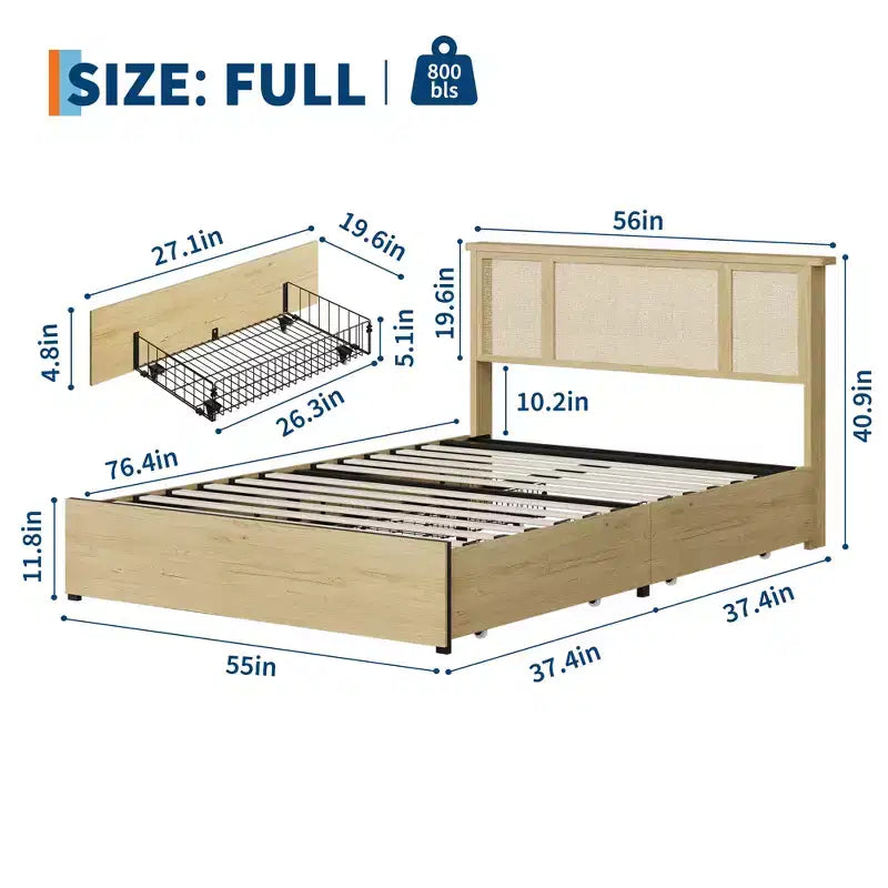 Base de cama de plataforma con cabecero de ratán natural | Matrimonial/Queen | con o sin 4 cajones | Para 1-2 adultos