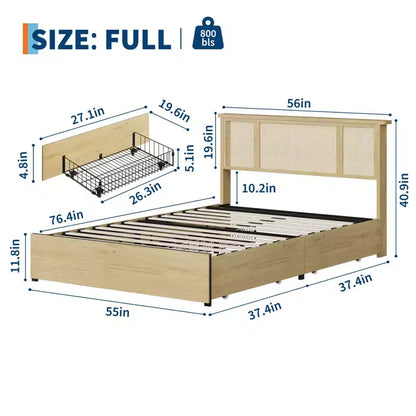 Base de cama de plataforma con cabecero de ratán natural | Matrimonial/Queen | con o sin 4 cajones | Para 1-2 adultos