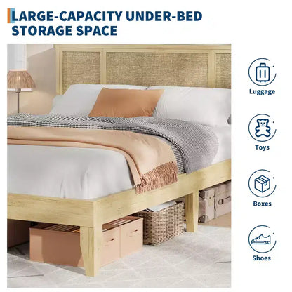 Base de cama de plataforma con cabecero de ratán natural | Matrimonial/Queen | con o sin 4 cajones | Para 1-2 adultos