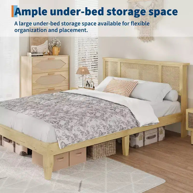 Base de cama de plataforma con cabecero de ratán natural | Matrimonial/Queen | con o sin 4 cajones | Para 1-2 adultos