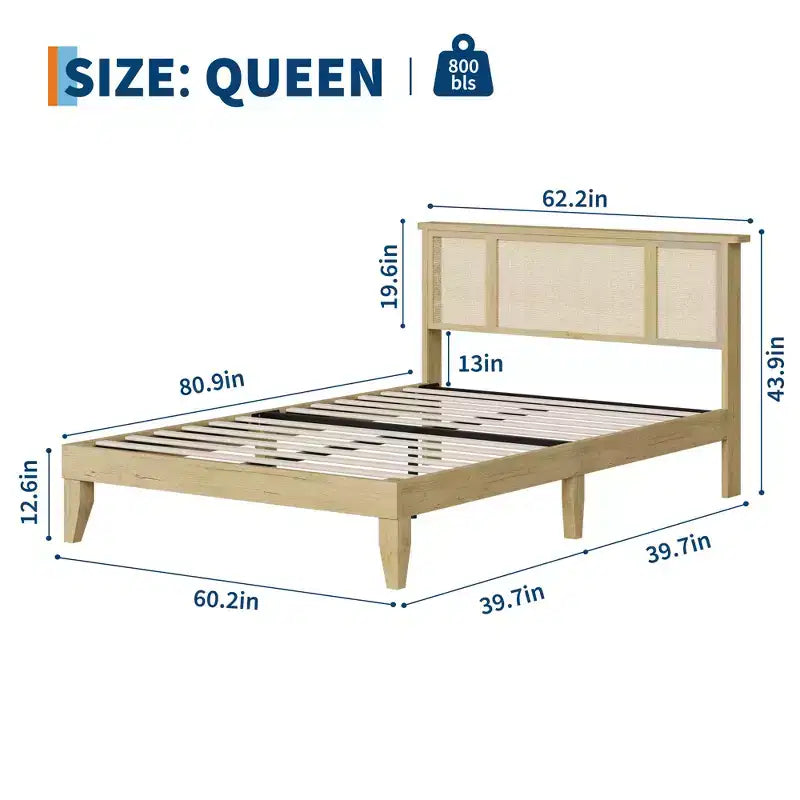Base de cama de plataforma con cabecero de ratán natural | Matrimonial/Queen | con o sin 4 cajones | Para 1-2 adultos
