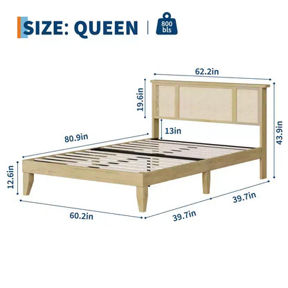 Base de cama de plataforma con cabecero de ratán natural | Matrimonial/Queen | con o sin 4 cajones | Para 1-2 adultos