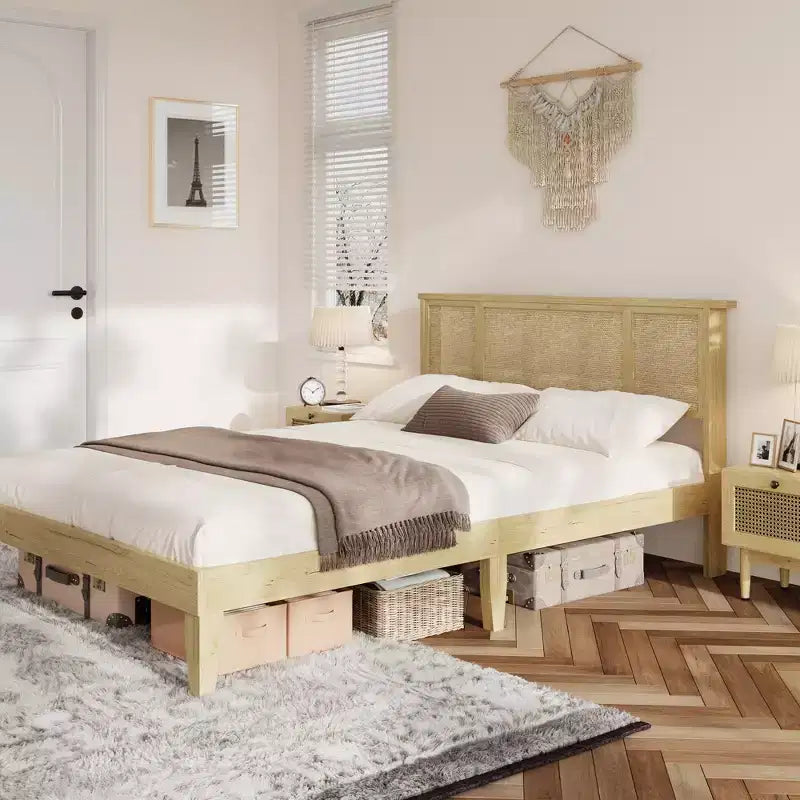 Base de cama de plataforma con cabecero de ratán natural | Matrimonial/Queen | con o sin 4 cajones | Para 1-2 adultos
