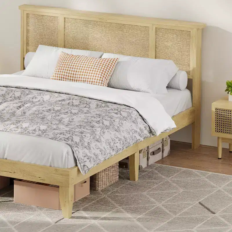 Base de cama de plataforma con cabecero de ratán natural | Matrimonial/Queen | con o sin 4 cajones | Para 1-2 adultos