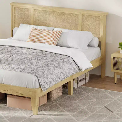 Base de cama de plataforma con cabecero de ratán natural | Matrimonial/Queen | con o sin 4 cajones | Para 1-2 adultos