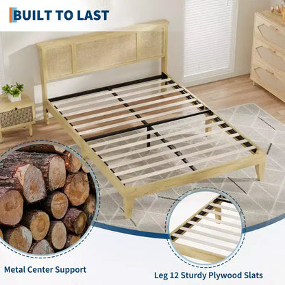 Base de cama de plataforma con cabecero de ratán natural | Matrimonial/Queen | con o sin 4 cajones | Para 1-2 adultos