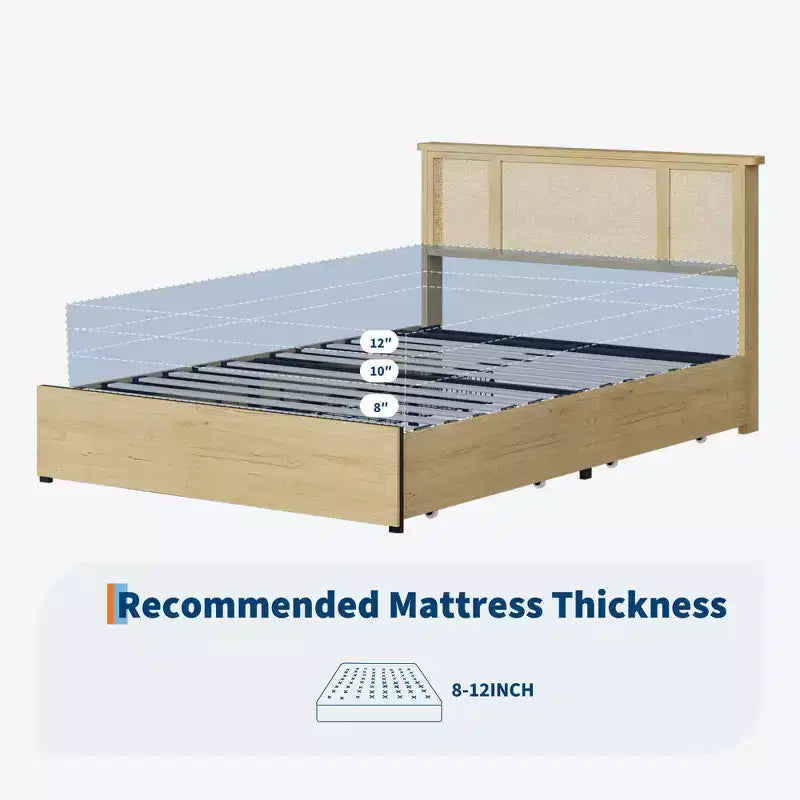 Base de cama de plataforma con cabecero de ratán natural | Matrimonial/Queen | con o sin 4 cajones | Para 1-2 adultos