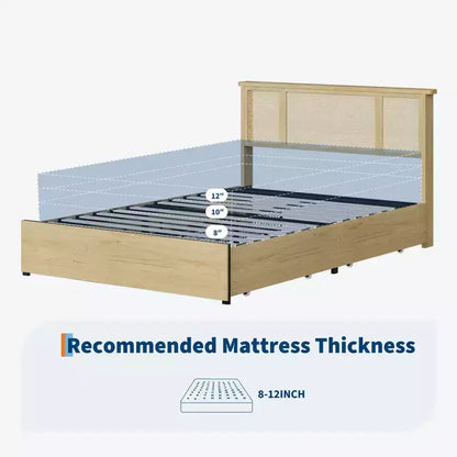Base de cama de plataforma con cabecero de ratán natural | Matrimonial/Queen | con o sin 4 cajones | Para 1-2 adultos