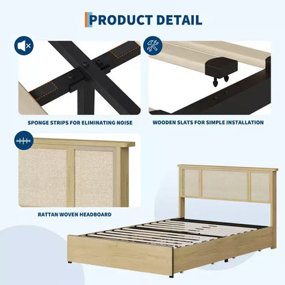 Base de cama de plataforma con cabecero de ratán natural | Matrimonial/Queen | con o sin 4 cajones | Para 1-2 adultos