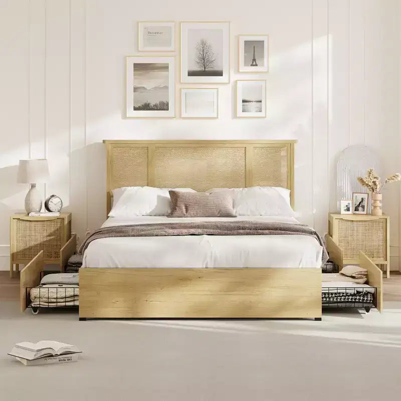 Base de cama de plataforma con cabecero de ratán natural | Matrimonial/Queen | con o sin 4 cajones | Para 1-2 adultos