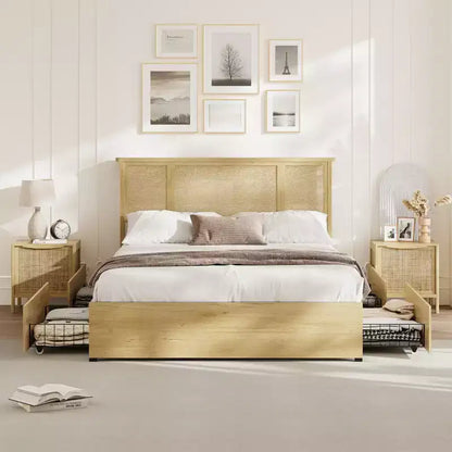 Base de cama de plataforma con cabecero de ratán natural | Matrimonial/Queen | con o sin 4 cajones | Para 1-2 adultos