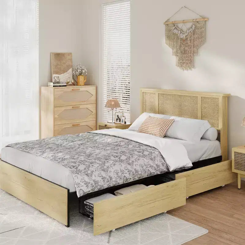 Base de cama de plataforma con cabecero de ratán natural | Matrimonial/Queen | con o sin 4 cajones | Para 1-2 adultos