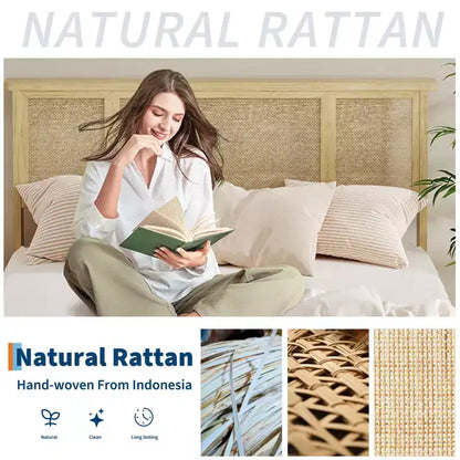 Base de cama de plataforma con cabecero de ratán natural | Matrimonial/Queen | con o sin 4 cajones | Para 1-2 adultos