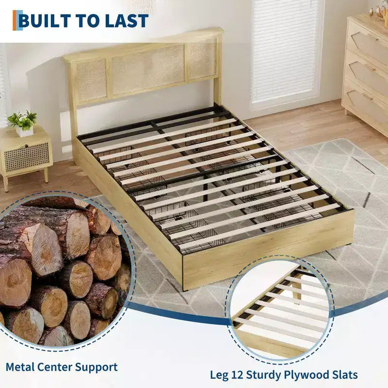 Base de cama de plataforma con cabecero de ratán natural | Matrimonial/Queen | con o sin 4 cajones | Para 1-2 adultos