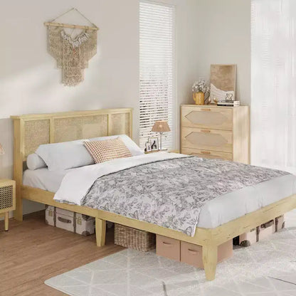 Base de cama de plataforma con cabecero de ratán natural | Matrimonial/Queen | con o sin 4 cajones | Para 1-2 adultos