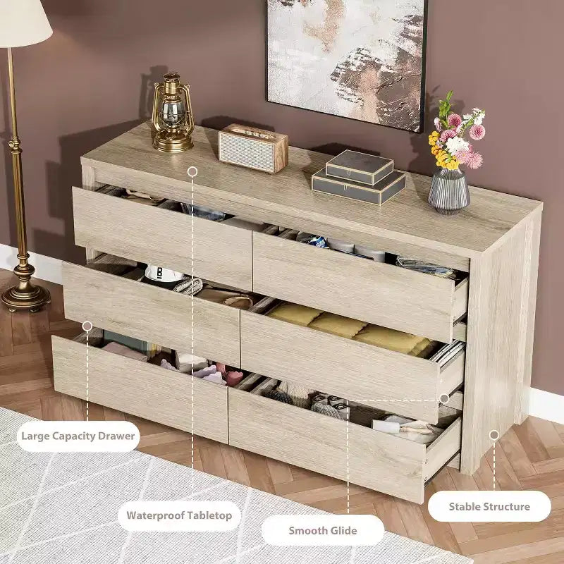 Cómoda de 6 cajones para adultos, 120 cm de ancho, en negro / roble natural / blanco