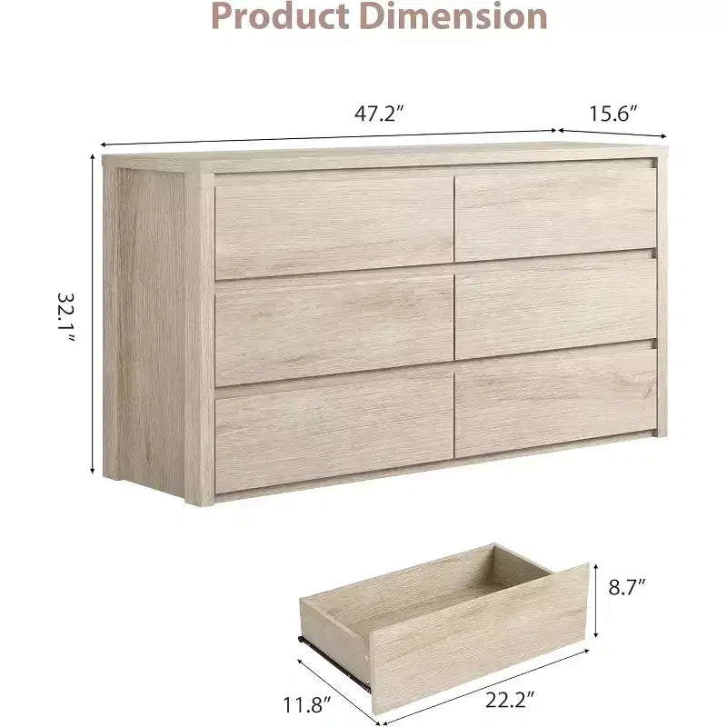 Cómoda de 6 cajones para adultos, 120 cm de ancho, en negro / roble natural / blanco
