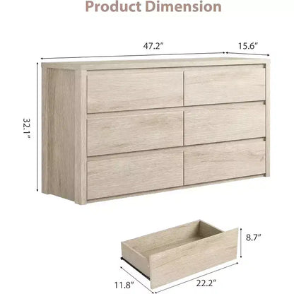 Cómoda de 6 cajones para adultos, 120 cm de ancho, en negro / roble natural / blanco
