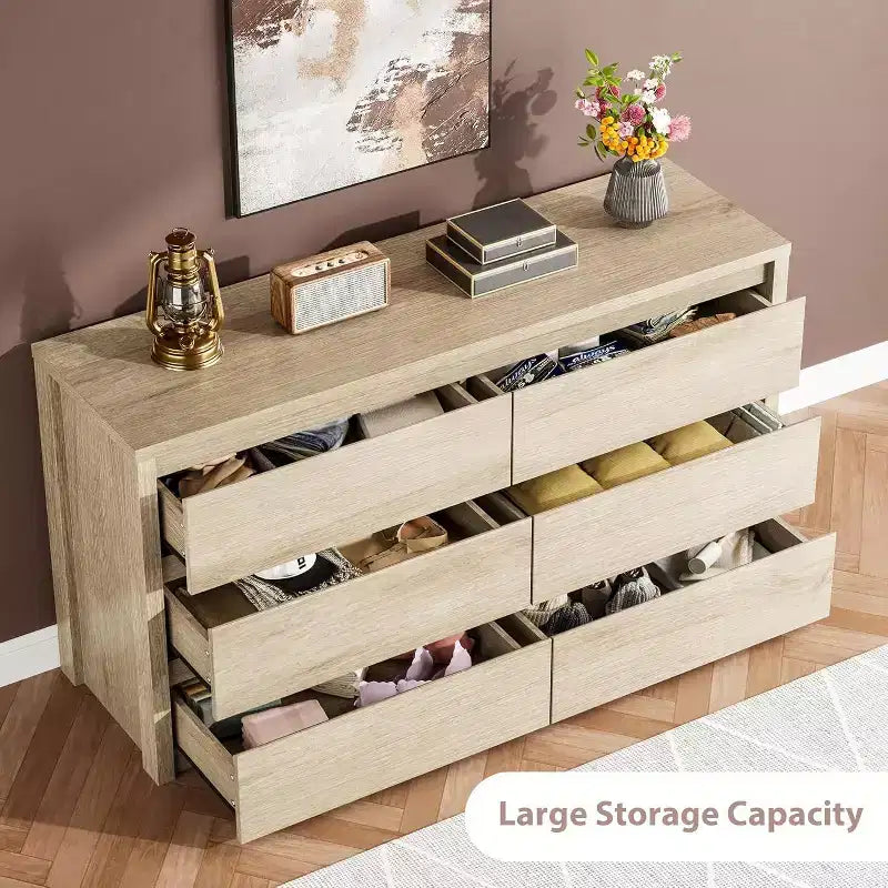 Cómoda de 6 cajones para adultos, 120 cm de ancho, en negro / roble natural / blanco
