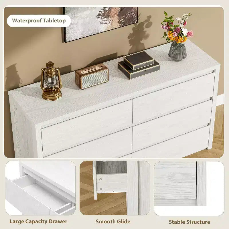 Cómoda de 6 cajones para adultos, 120 cm de ancho, en negro / roble natural / blanco