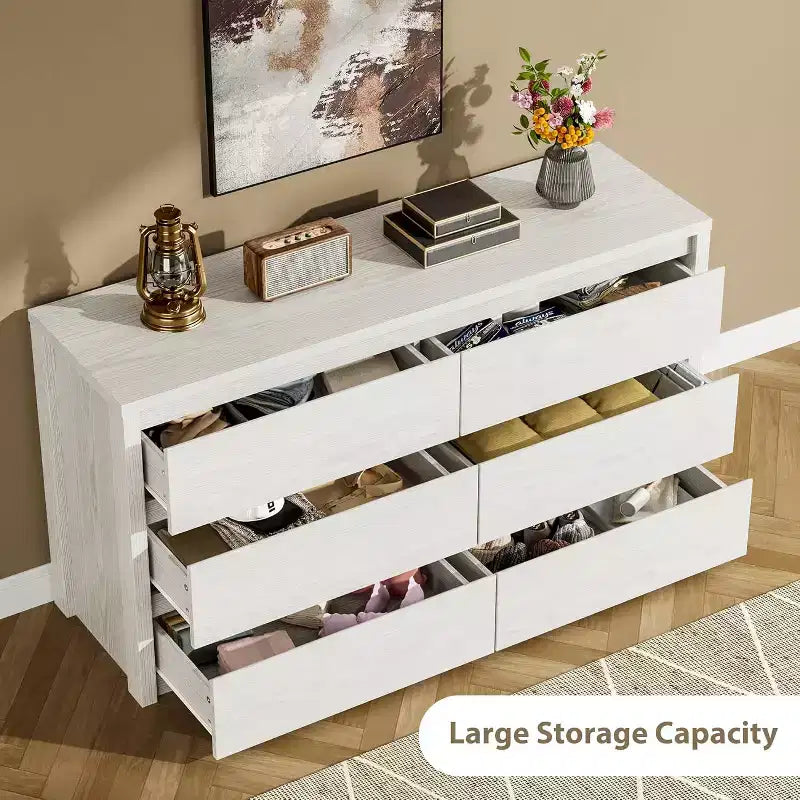Cómoda de 6 cajones para adultos, 120 cm de ancho, en negro / roble natural / blanco