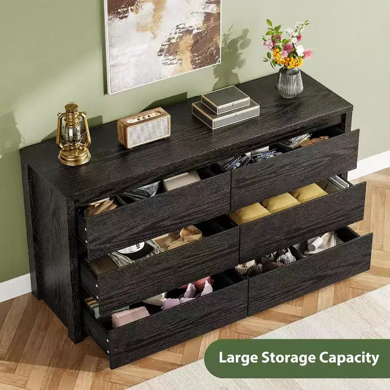 Cómoda de 6 cajones para adultos, 120 cm de ancho, en negro / roble natural / blanco
