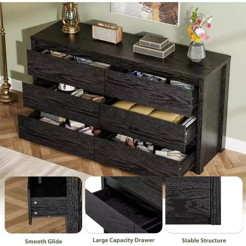 Cómoda de 6 cajones para adultos, 120 cm de ancho, en negro / roble natural / blanco