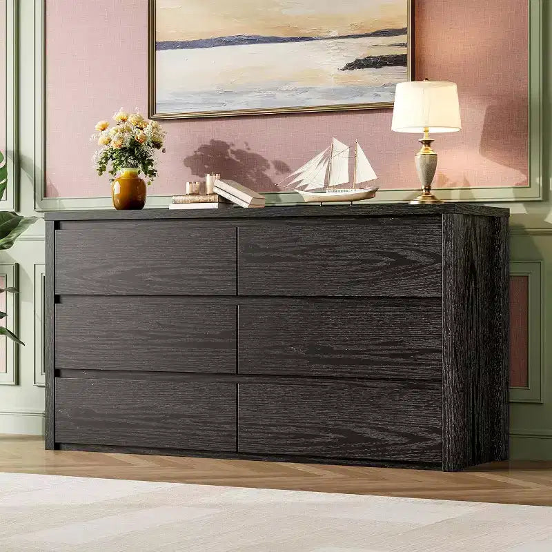Cómoda de 6 cajones para adultos, 120 cm de ancho, en negro / roble natural / blanco