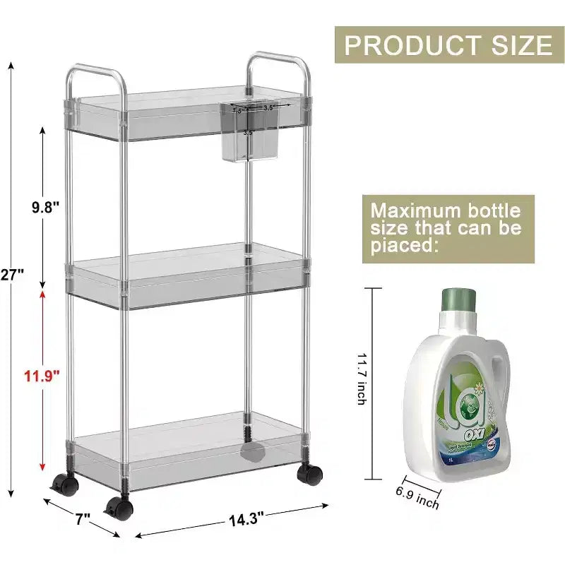 Carrito de almacenamiento acrílico rodante de 3 niveles en transparente/gris/verde/naranja con ruedas, para 1 persona