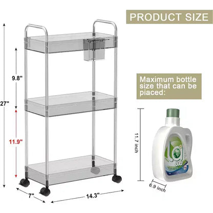 Carrito de almacenamiento acrílico rodante de 3 niveles en transparente/gris/verde/naranja con ruedas, para 1 persona