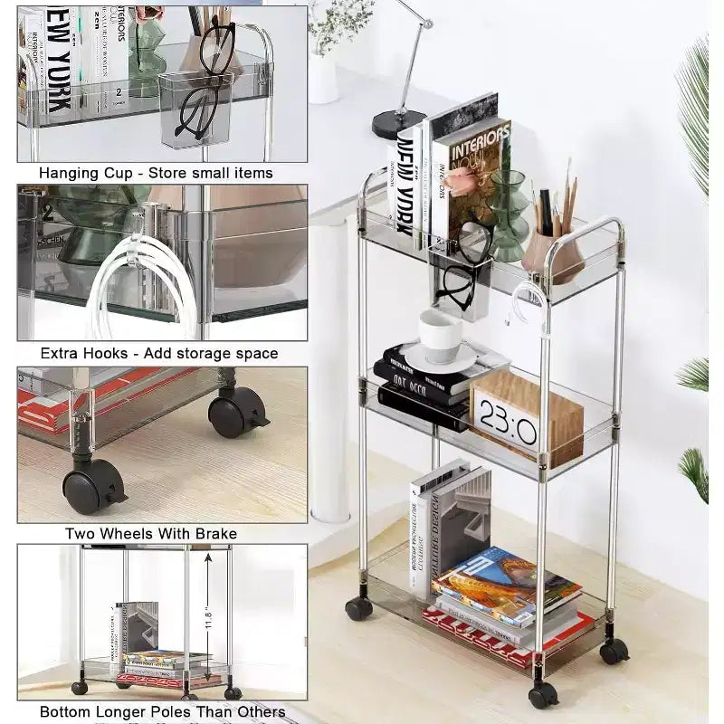 Carrito de almacenamiento acrílico rodante de 3 niveles en transparente/gris/verde/naranja con ruedas, para 1 persona