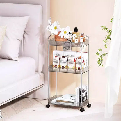 Carrito de almacenamiento acrílico rodante de 3 niveles en transparente/gris/verde/naranja con ruedas, para 1 persona