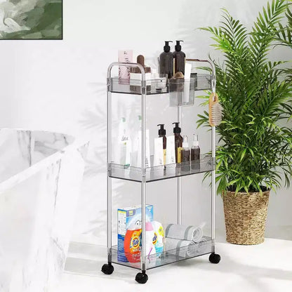 Carrito de almacenamiento acrílico rodante de 3 niveles en transparente/gris/verde/naranja con ruedas, para 1 persona
