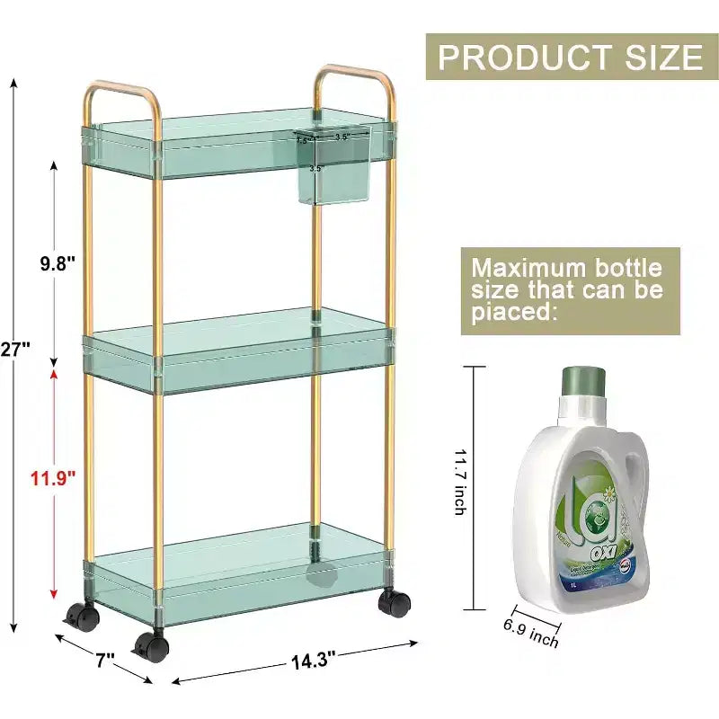 Carrito de almacenamiento acrílico rodante de 3 niveles en transparente/gris/verde/naranja con ruedas, para 1 persona