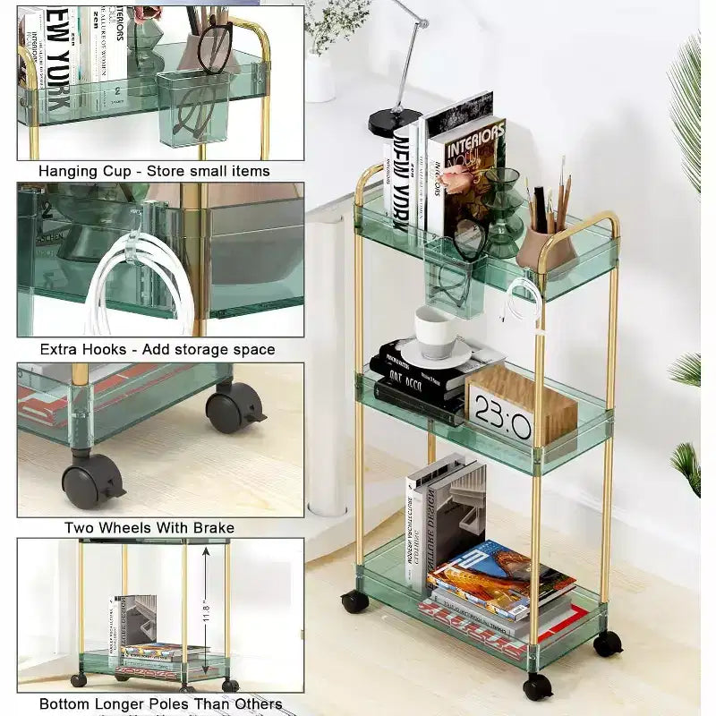 Carrito de almacenamiento acrílico rodante de 3 niveles en transparente/gris/verde/naranja con ruedas, para 1 persona