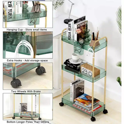 Carrito de almacenamiento acrílico rodante de 3 niveles en transparente/gris/verde/naranja con ruedas, para 1 persona