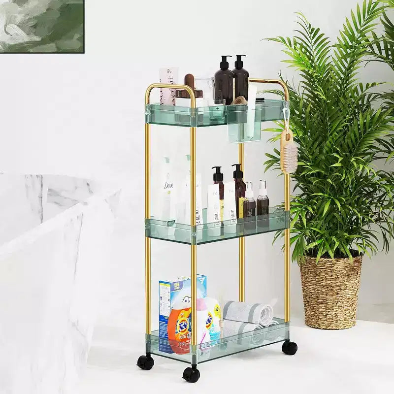 Carrito de almacenamiento acrílico rodante de 3 niveles en transparente/gris/verde/naranja con ruedas, para 1 persona