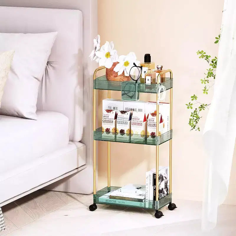 Carrito de almacenamiento acrílico rodante de 3 niveles en transparente/gris/verde/naranja con ruedas, para 1 persona