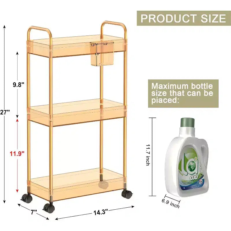 Carrito de almacenamiento acrílico rodante de 3 niveles en transparente/gris/verde/naranja con ruedas, para 1 persona