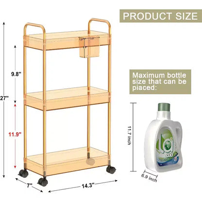 Carrito de almacenamiento acrílico rodante de 3 niveles en transparente/gris/verde/naranja con ruedas, para 1 persona