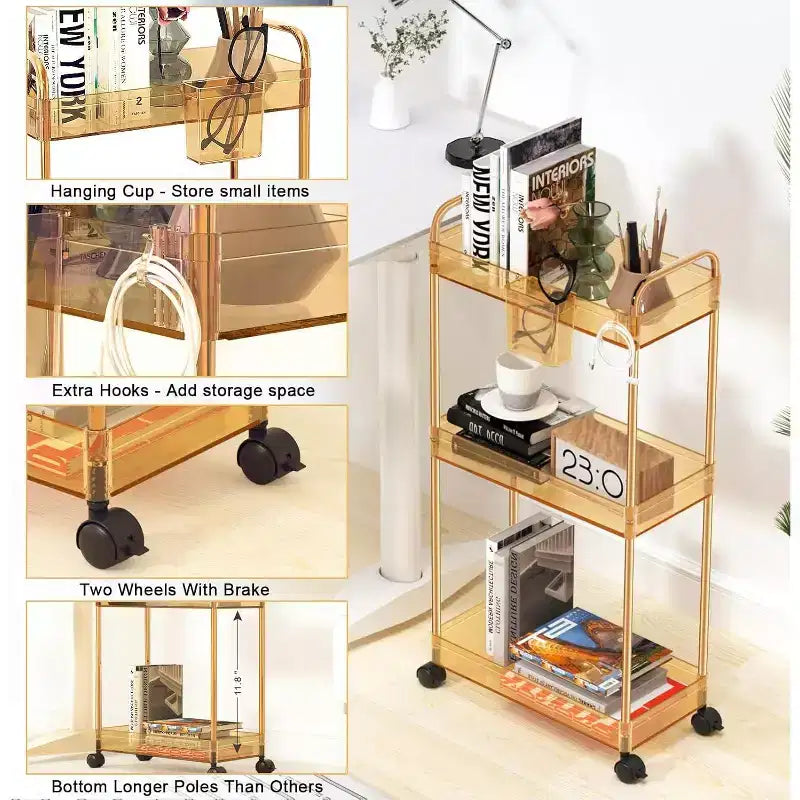 Carrito de almacenamiento acrílico rodante de 3 niveles en transparente/gris/verde/naranja con ruedas, para 1 persona