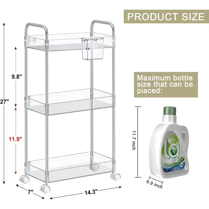 Carrito de almacenamiento acrílico rodante de 3 niveles en transparente/gris/verde/naranja con ruedas, para 1 persona