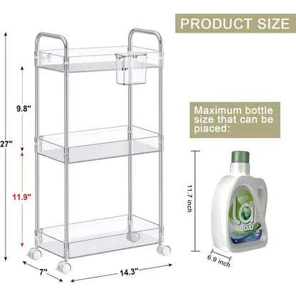 Carrito de almacenamiento acrílico rodante de 3 niveles en transparente/gris/verde/naranja con ruedas, para 1 persona