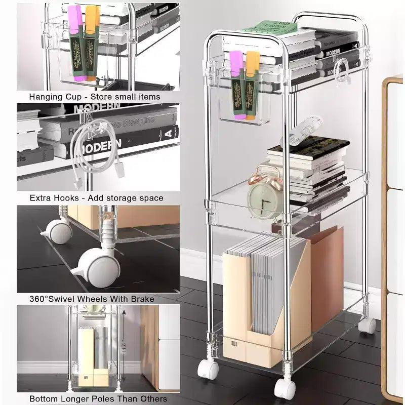 Carrito de almacenamiento acrílico rodante de 3 niveles en transparente/gris/verde/naranja con ruedas, para 1 persona